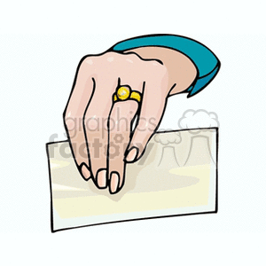 Clipart image showing a hand with a ring holding a check.