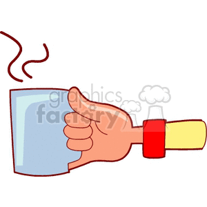 A cartoon hand holding a steaming cup of coffee.