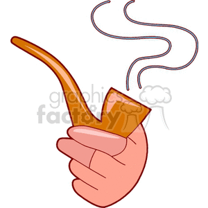 Clipart image of a hand holding a smoking pipe with visible smoke trails.