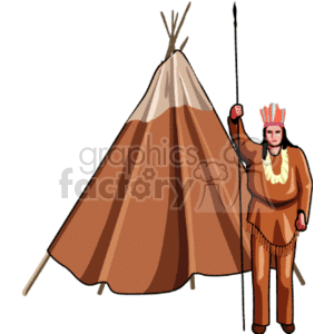 The clipart image depicts a person dressed in traditional Native American attire, standing next to a teepee (which is a type of conical tent traditionally used by some Native American tribes). The person is holding a spear and wearing a feathered headdress.