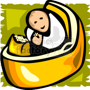 The clipart image illustrates a smiling toddler sitting in a cot, munching on what appears to be popcorn or something similar 