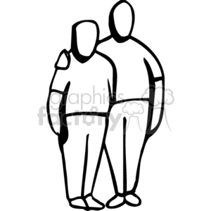 Black and white line drawing of a man with his arm around a boy