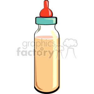 The image is of a classic baby bottle with a red nipple and a ring that secures the nipple to the bottle, which appears to be filled with a pale yellow liquid, possibly representing milk or formula.