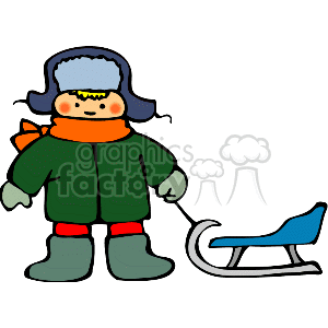 Little boy in a green coat pulling a sled
