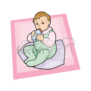 Baby sitting on a blanket drinking a bottle