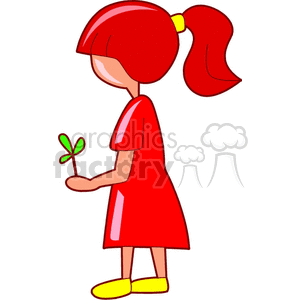 A girl in a red dress holding a clover