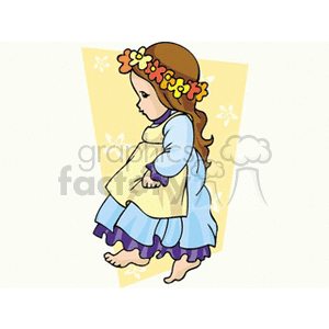 A girl in a blue dress barefooted with flowers in her hair