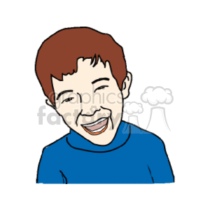 Brown haired laughing boy in a blue shirt