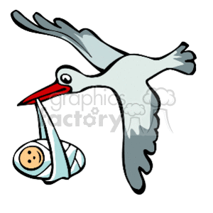 The clipart image shows a stork in flight carrying a baby bundled in a cloth. This is a traditional and whimsical depiction of the myth that storks deliver newborn babies.