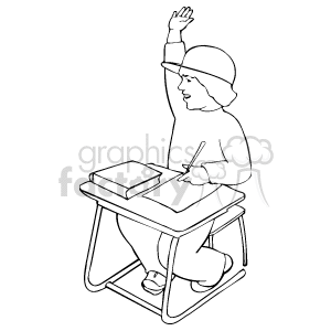 The clipart image depicts a student sitting at a desk, raising their hand to ask a question or provide an answer. The student appears to be engaged in a learning activity, with an open book and a pen in hand, ready to write. The image represents a common classroom scene and could symbolize active participation in education.