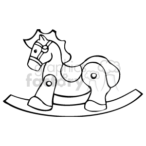 The image is a simple black and white line art clipart of a rocking horse. There are no people or kids visible in this image.