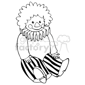 The image is a black and white clipart of a clown. The clown has curly hair, a ruffled collar, and is wearing striped pants. It appears to be sitting down with its hands resting on its knees, and it has a smiling face.