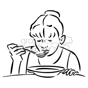 In this clipart image, there is a line drawing of a young girl who is eating soup. She appears to be concentrating on her meal, holding a spoon up to her mouth, and leaning over a bowl that is resting on a table.