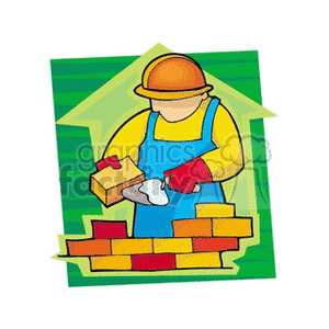 Cartoon bricklayer cementing bricks