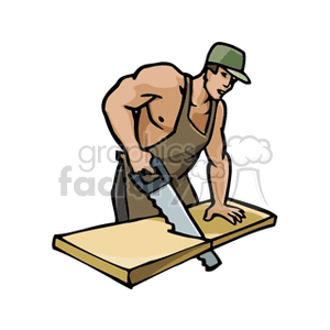 Cartoon man cutting a board with a handsaw 