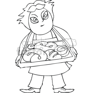   This clipart image illustrates a baker holding a tray of pretzels. The character appears to be in professional attire, typically associated with the baking occupation, including a chef
