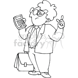 The clipart image shows a caricature of a math teacher or professor. This animated character is portrayed holding a calculator in one hand, gesturing upwards with the other hand as if explaining a concept, and carrying a briefcase. The character is wearing glasses, a suit with a tie, and has a somewhat disheveled hairstyle, alluding to the stereotypical appearance of a passionate academic or a geeky professional in the field of education or mathematics.