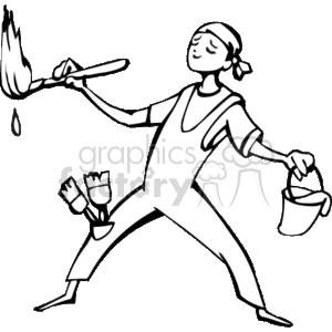   The clipart image depicts a painter at work. The individual is stylized and is holding a bucket in one hand and a paintbrush with paint dripping from it in the other hand. There are additional brushes tucked into the pocket of the painter