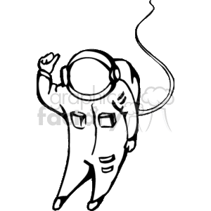   The image shows a simplified representation of an astronaut in a space suit. The astronaut appears to be floating, possibly in a zero-gravity environment, with a cord or hose trailing behind, which could be part of the life support system. The astronaut