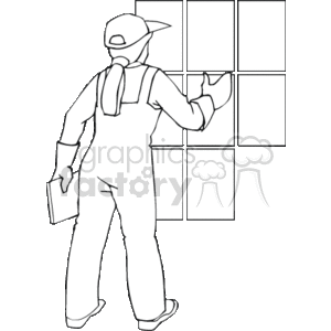 The clipart image depicts an individual engaged in cleaning or installing a window. The person is dressed in work attire that includes a cap, a long-sleeved shirt, overalls, and gloves. They appear to be holding a tool or cloth in one hand and are working on a large multi-pane window.