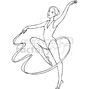 This clipart image features a representation of a ballet dancer. The dancer is depicted in a dynamic pose with one leg lifted and bent at the knee and the other stretched out behind. The dancer appears to be female, wearing a ballet leotard and has her arms gracefully extended. There is also a flowing ribbon-like line that highlights the movement.