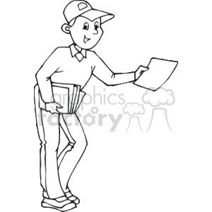 The image shows a black and white line drawing of a young male character dressed in a casual shirt, pants, and a cap, appearing to be a delivery person or paperboy. He is handing out or delivering papers and has a stack of papers or envelopes under his arm. The character exhibits a friendly demeanor, with a smile on his face, as he goes about his work.