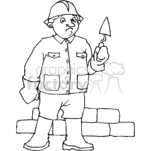 The clipart image depicts a person who appears to be a construction worker or bricklayer, wearing a hard hat, holding a trowel, and standing next to an incomplete wall made of bricks. The worker is dressed in work clothes and boots, which suggests the occupational theme.