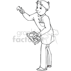 The clipart image depicts an individual who appears to be a makeup artist. They are holding a makeup palette in one hand and a makeup brush in the other, ready to apply makeup. The artist has various brushes and tools in their apron, suggesting readiness to work on makeup application.