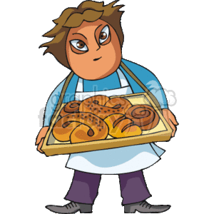 The image depicts a cartoon of a baker holding a tray of freshly baked pretzels and pastries. The baker is wearing a blue shirt with an apron and appears to be standing, ready to serve or sell the baked goods.