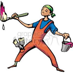   The clipart image depicts an artist or painter at work. The character is wearing an apron over casual clothing, has a bandana tied around their head, and is holding a paintbrush with paint dripping from it. They are also carrying a paint bucket in one hand and have additional paint brushes tucked into their apron, suggesting that they are in the midst of painting. The painter