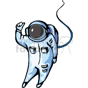 The clipart image features a stylized cartoon of an astronaut. The astronaut is depicted in a space suit, with a large helmet and a visor. A communication cord is trailing behind the figure, and the astronaut is shown with one arm raised in a gesture that could signify success, a wave, or simply floating in zero gravity.