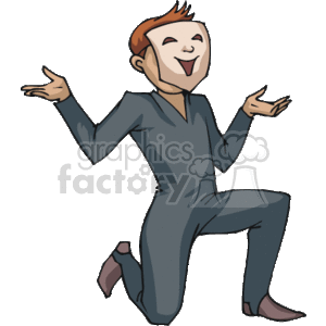The clipart image depicts an animated character who is likely portraying an actor or a theatrical performer. The character is shown with a cheerful expression and a dynamic pose with arms spread wide, suggesting a sense of performance or presentation. The character's attire seems to be a simple, tight-fitting jumpsuit or outfit that could be part of a costume for a play or performance.