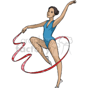 The image shows a clipart of a female ballet dancer. She is dressed in a blue leotard, posed mid-dance with one leg lifted and toes pointed. She is also holding a flowing, red ribbon that curves around her, adding a sense of movement to the image.