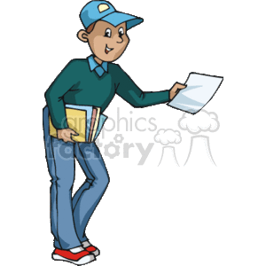 The clipart image depicts a boy in the role of a delivery person. He is wearing a cap and a casual outfit with a collared shirt. The boy is holding a stack of papers in one hand and appears to be handing out a paper with the other hand, possibly delivering newspapers or flyers.