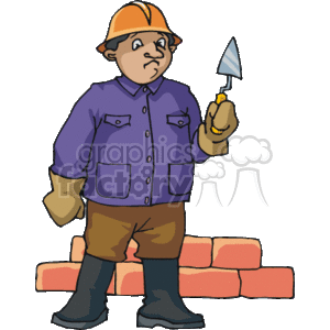Construction Worker with Trowel Building Brick Wall