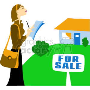 The clipart image features a stylized representation of a female realtor or a woman involved in real estate. She is holding documents and stands next to a simplified depiction of a house with a For Sale sign in the foreground. There are also some stylized trees or shrubs around the house.