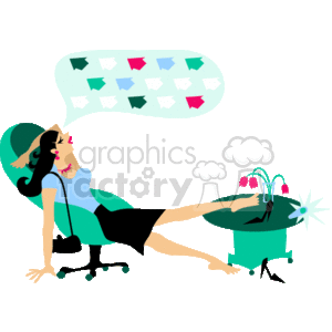 The clipart image depicts a woman reclining in an office chair with her feet up on a desk. Above her head is a thought bubble filled with images of houses, indicating she is either dreaming about or contemplating real estate. The scene gives the impression of a realtor who is exhausted or taking a break from her work. The desk has a small potted plant and a few papers scattered on it, and her demeanor suggests that she might be taking a moment to relax amidst a busy work schedule.