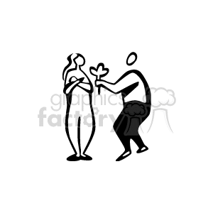 A stylized black and white clipart illustration of a couple, with one person offering a flower to the other, symbolizing romance and affection.