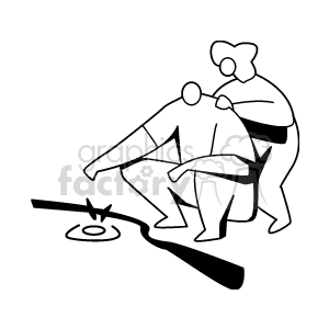 A black and white clipart image depicting a couple by a small pool of water. One person is squatting and the other stands behind, gently holding their shoulder, symbolizing companionship and love.