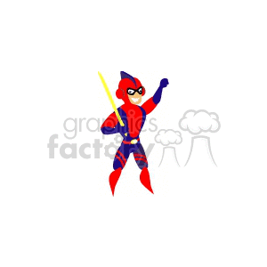 A colorful superhero character in a comic style, wearing a red and blue costume with a mask and holding a yellow stick, depicted in a dynamic, playful pose.