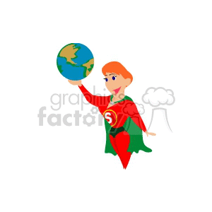 A cartoon superhero character with red and green costume holding the Earth.