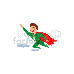 Clipart image of a superhero character in a green suit with a red cape, flying with an 'S' logo on the chest.