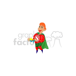 A cartoon superhero character with red hair, wearing a red costume with a green cape and an 'S' emblem on the chest, performing a comedic pose while emitting colorful electricity from their hands.