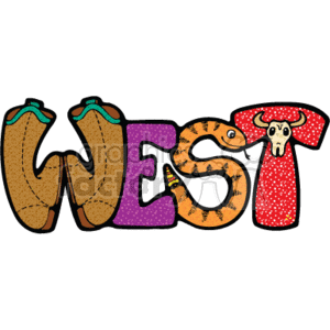 The clipart image presents a stylized depiction of the word WEST. Each letter represents a different element associated with Western or cowboy culture. The W is formed by a pair of cowboy boots, the E is patterned with purple and spotted print, the S is illustrated as a coiled orange snake, and the T is depicted as a red steer skull with horns.