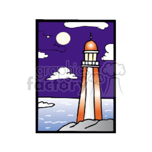 The clipart image depicts a lighthouse set against a nighttime ocean backdrop. The sky is dark and purple, suggesting it might be twilight or just after sunset. There are some clouds in the sky, and the full moon is visible in the background, casting light on the water and clouds. The lighthouse is illustrated with a red top and is emanating light, which suggests it is active.