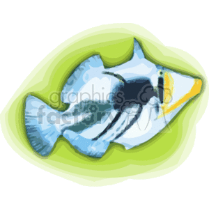 The clipart image depicts a colorful tropical fish with a pattern that consists of white, black, and shades of blue. The fish appears to be of a type commonly found in Hawaiian waters, as suggested by the keywords. Its yellow snout and the distinct patterns suggest it might be a representation of a Moorish Idol or a similarly patterned tropical species.