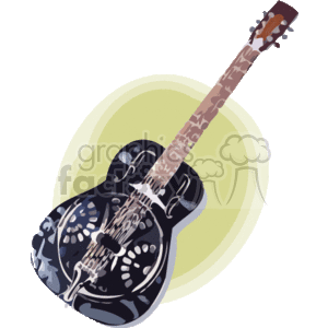 The image depicts a resonator guitar, also known as a resophonic guitar, with a distinctive Hawaiian tropical design on its body. The resonator cone, which is used to amplify the sound, is prominently featured in the design. The fretboard also appears to have Hawaiian-themed decorative elements, reinforcing the tropical aesthetic.