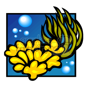 The image is a stylized clipart representation of an underwater scene with yellow tropical coral and green aquatic plants. The background is a deep blue, suggesting ocean water, with white bubbles rising towards the surface, indicating underwater activity.