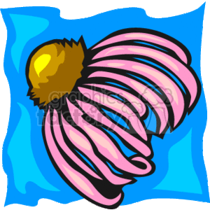 This clipart image depicts a stylized, colorful representation of a tropical flower, possibly intended to resemble a Hawaiian flower like a plumeria or hibiscus, set against a blue background that gives the impression of water or sky. The flower consists of pink petals with a gradient effect and a golden yellow center.