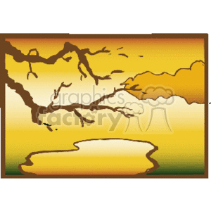 The image appears to be a simple, stylized representation of a landscape scene. There are elements that suggest the silhouette of a tree branch in the upper left corner, with a backdrop of what could be interpreted as clouds or a mountainous horizon. The colors suggest a sunset or sunrise with warm tones of yellow, orange, and hints of green. The lower part of the image features what could be a body of water, like a calm river or a lake, reflecting the colors of the sky. The overall image has a peaceful and serene quality, often associated with a natural setting.